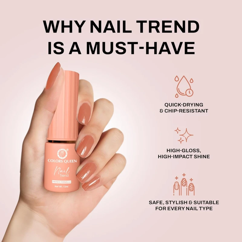 Colors Queen Nail Trend Glossy Nail Polish | Chip Resisting & Quick Drying Nail Paint with High Shine | 7 Toxin Free Formula | Vegan & Cruelty Free | Long Lasting & Vibrant Nail Paint for Women (Pretty In Pink, 13ml) - Thumbnail 3